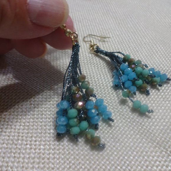 Stunning "BLUE & GOLD BEADED" Handmade Dangle Earrings #107B - Picture 3 of 3